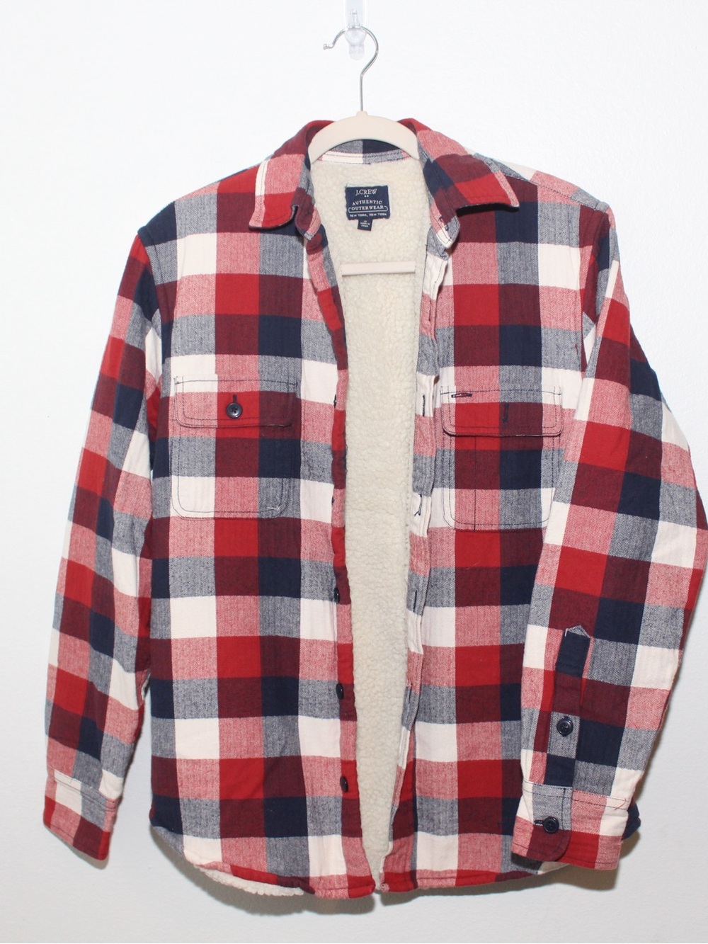 J. Crew Red, Navy & White Plaid Sherpa-Lined Shirt Jacket